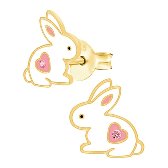 Gold Plated 925 Sterling Silver Bunny Stud Earrings with Pink Crystals