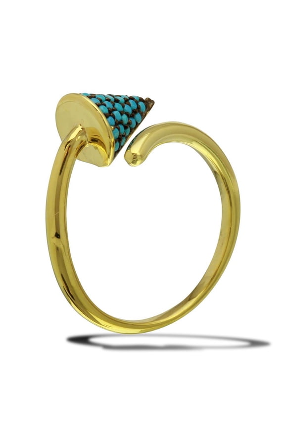 Gold Plated 925 Sterling Silver Cone Ring Simulated Turquoise Beads Blue CZ Female Size 6