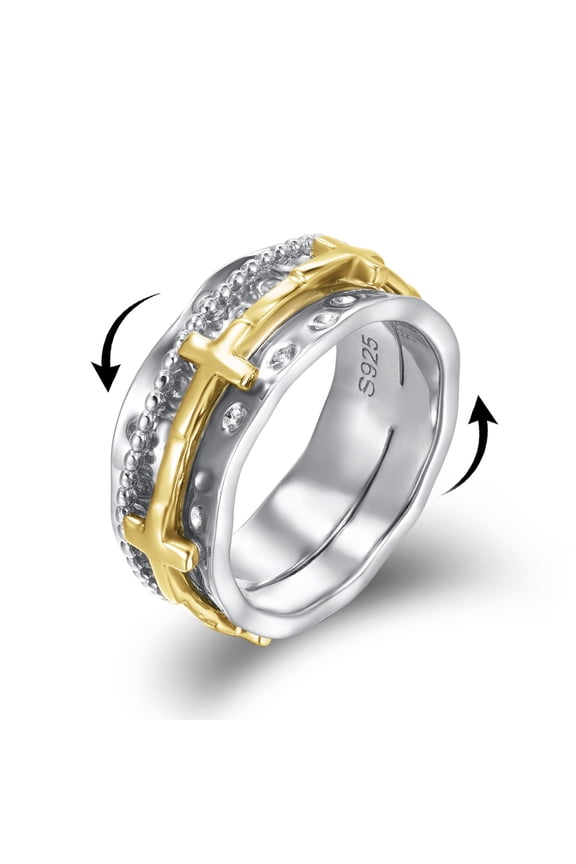 Gold Plated 925 Sterling Silver Cross Ring Fidget Anxiety Rings for Women Worry Ring Spinner Rings Anti Stress Mood Rings Gifts Band Wide 11#