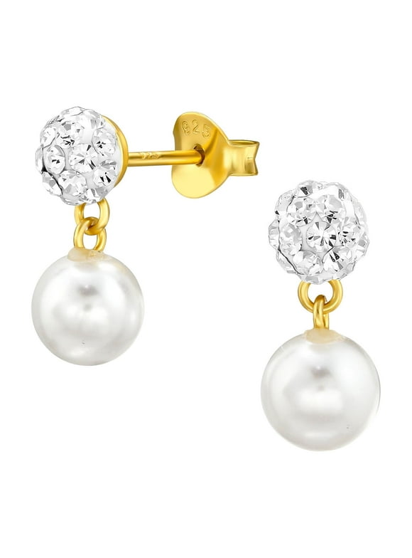 Gold Plated 925 Sterling Silver Crystal Ball & Dangle Plastic Pearl Stud Earrings