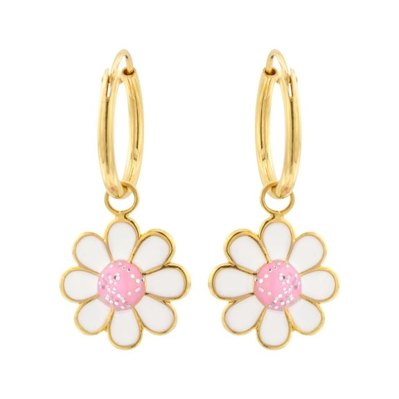 Gold Plated 925 Sterling Silver Flower Hoop Earring with Pink Glitter Epoxy