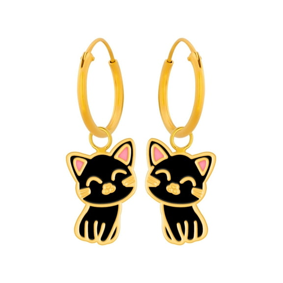 Gold Plated 925 Sterling Silver Hoop Earrings with Black Cat Epoxy
