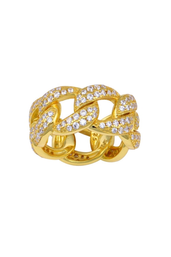 Gold Plated 925 Sterling Silver Miami Curb Link Chain Band Ring White CZ Jewelry Female Size 5