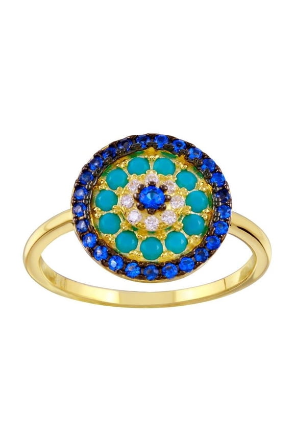 Gold Plated 925 Sterling Silver Simulated Turquoise & Evil Eye Ring Blue CZ Female Size 5