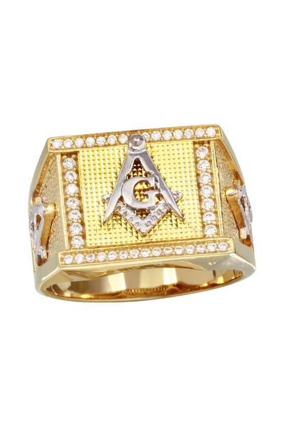 Gold Plated 925 Sterling Silver Square Masonic Symbol Ring Band White CZ Jewelry Female Size 11