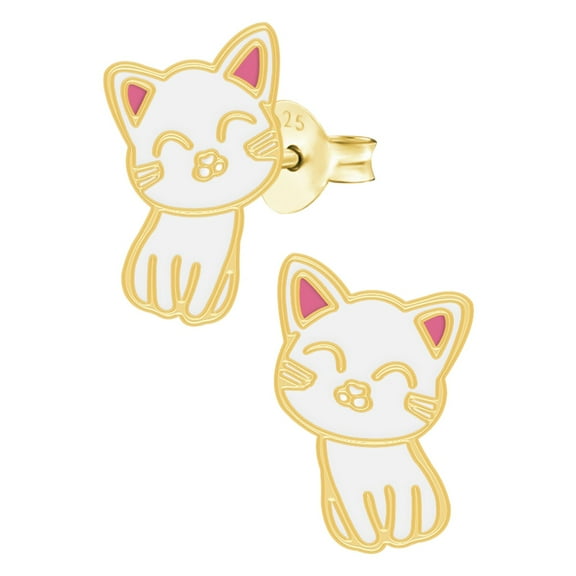 Gold Plated 925 Sterling Silver Stud Earrings with White Cat Epoxy