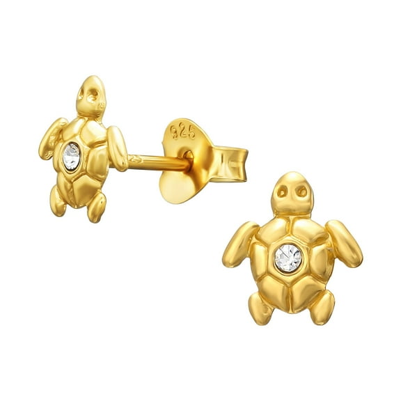 Gold Plated 925 Sterling Silver Turtle Stud Earrings with Crystals