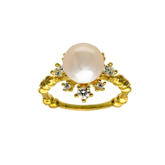 Gold Plated 925 Sterling Silver White Simulated Pearl Flower Ring CZ Jewelry Female Size 5