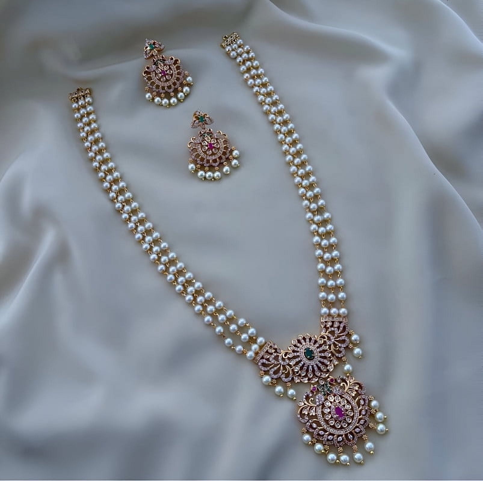 HAYAJEWEL Gold Plated AD CZ Long Necklace with Earrings Indian Bollywood Pakistani Bridal Pearl Jewelry Set