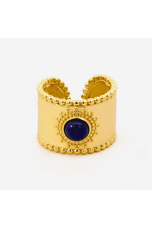 18k Gold-Plated Adjustable Statement Ring with Blue Lapis Stone Boho Chic Handmade Jewelry