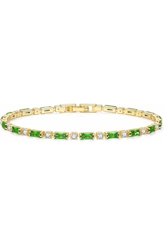 Gold Plated Alternating Emerald & Clear CZ Tennis Bracelet, Rectangle Green Cubic Zirconia Link Tennis Bracelet for Women