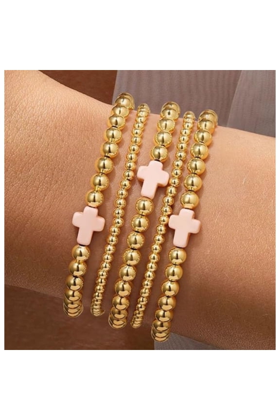 Gold Plated Bead Bracelets Stackable Set, Mix Size Gold Beads & Pearl Cross Stretch Bracelets for Women, Minimalist Layered Jewelry Gift