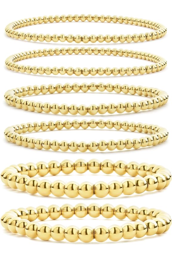Gold Plated Beaded Bracelet For Women Set 14K Gold Plated Bead Stretch Bracelet Stack Trendy Gold Jewelry For Women