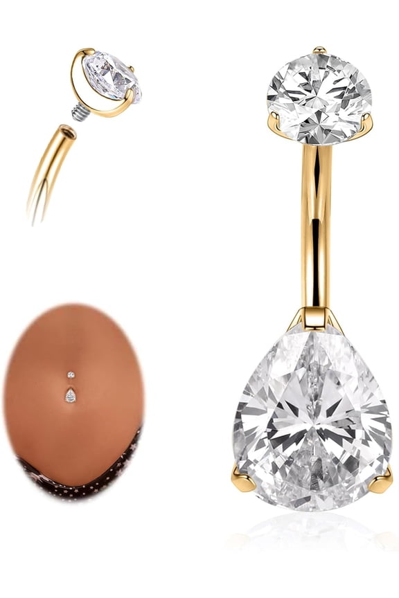 Gold Plated Belly Button Ring Hypoallergenic 14G belly ring for Women Men Teardrop Navel Piercing Jewelry 10mm Barbell With Cubic Zircon