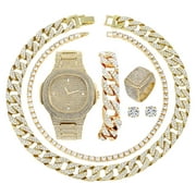 Gold Plated Bling-ed Out Oblong Case Metal Mens Watch w/Matching Cuban Chain Bracelet, Cuban Necklace, Tennis Chain & Ring Size - 8967CRNTG (10 Size)
