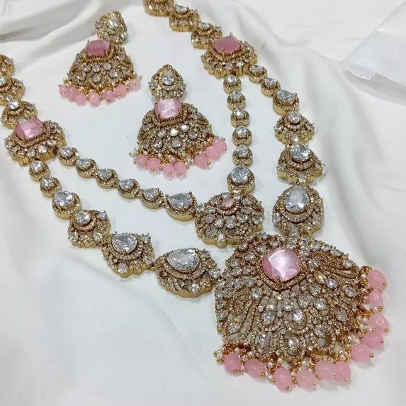 Gold Plated Bollywood Style Statemen Necklace CZ Kundan Pink Jewelry Set