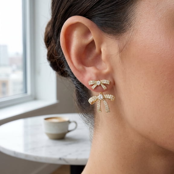 Gold Plated Bow Earrings for Women, Dainty Bow Stud & Cute Earring Jackets, Hypoallergenic Jewelry for Sensitive Ears