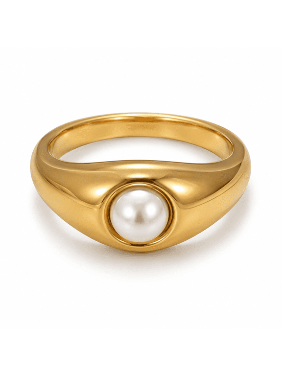 Gold Plated Braided Texture Pearl Ring for Women, French Retro Dome Faux Pearl Statement Band, Stackable Elegant Fashion Jewelry US Size 6 7 8