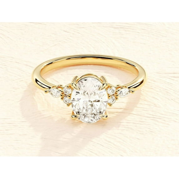 Gold Plated Bridal Vintage Ring Oval Cut Moissanite Engagement Ring Cluster Accented Moissanite Engagement Ring