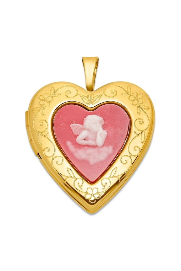 Gold Plated Brushed Polished Pink Religious Guardian Angel Resin Cameo 20mm Love Heart Locket Locket Necklace for Women