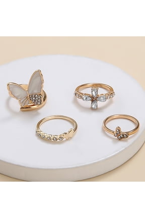 Gold-Plated Butterfly Ring Set: Exquisite 4-Piece Combination with Rhinestone and Geometric Accents for Women