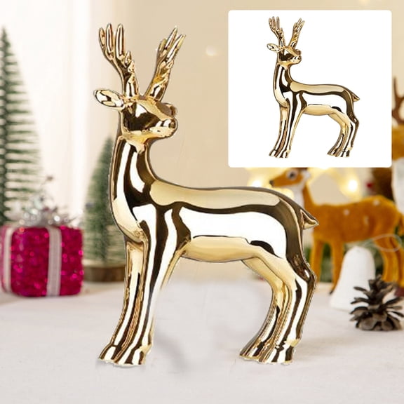 Gold Plated Ceramic Deer Figurine 9.4 Inch Light Luxury Tabletop Decor for Shelf Mantel Display