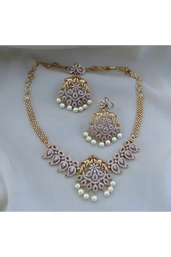 Gold Plated Choker Necklace with Earrings South Indian Bollywood Bridal Jewelry Antique Matte Finish Peacock Short Necklace Pakistani CZ Jewelry Set