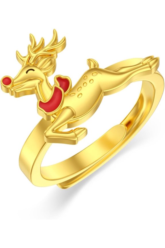 Gold Plated Christmas Reindeer Ring 925 Sterling Silver Adjustable Christmas Rings Xmas Reindeer Jewelry Gifts for Women