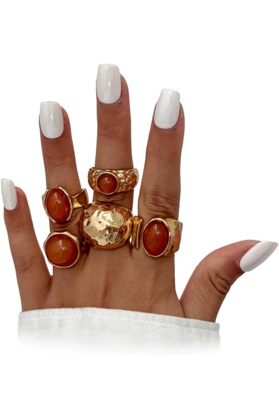 Gold Plated Chunky Hammered Dome Rings,Open Adjustable Teardrop Resin Stack Knuckle Finger Ring Set Punk Party Jewelry Accessories Gifts for Women