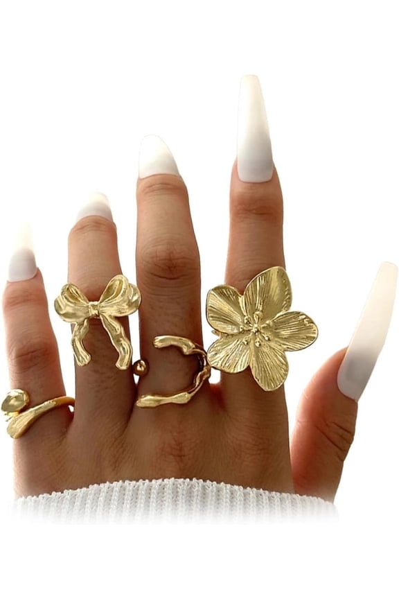 Gold Plated Chunky Pleated Flower Rings Set,Open Adjustable Irregular Geometry Bow Stacked Finger Ring Trendy Party Jewelry Accessories Gift for Women