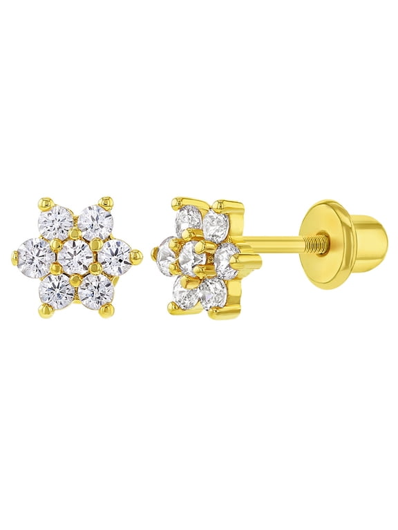 Gold Plated Clear CZ Flower Screw Back Earrings for Babies & Toddlers