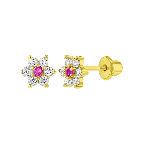Gold Plated Clear and Pink CZ Flower Screw Back Earrings for Little Girls 5mm