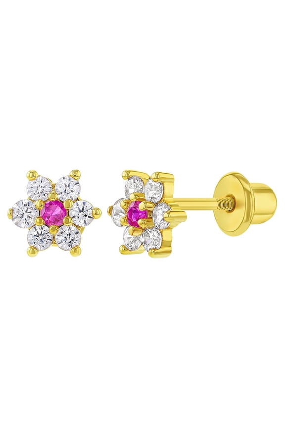 Gold Plated Clear and Pink CZ Flower Screw Back Earrings for Little Girls 5mm