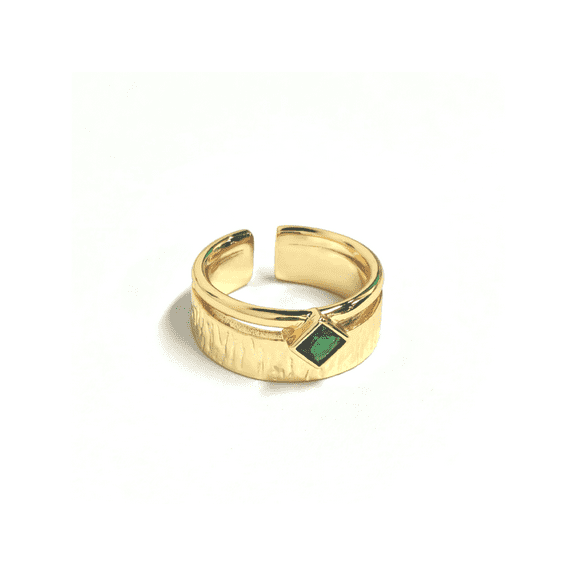 Gold-Plated Copper Ring for Women & Men, Emerald Green CZ Ring - Adjustable Band Hammered Geometric Open Rings, Vintage Cocktail Jewelry with RTT Gift Jewelry Box