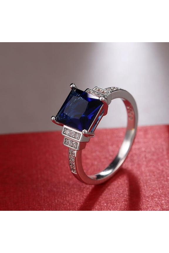 Gold Plated Copper Ring with Dark Blue Zircon and Artificial Gems, Geometric Design, Inlaid Gemstones