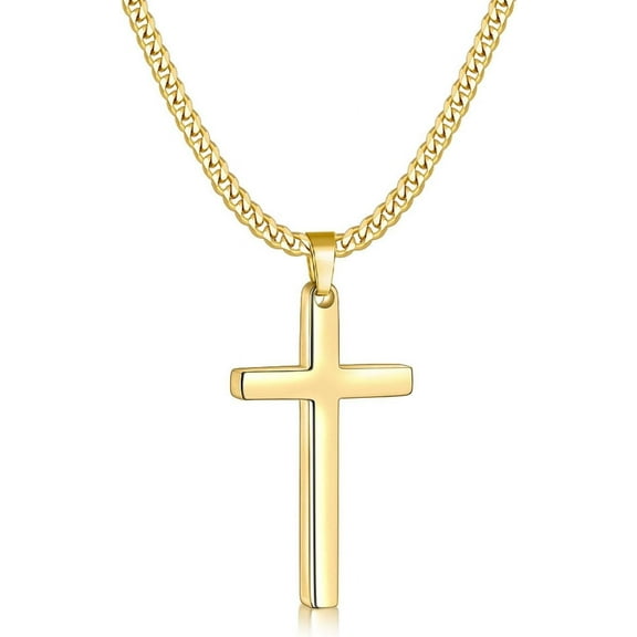 Gold Plated Cross Necklace for Men, Mens Cross Necklaces with 3.5mm Chain and Stainless Steel Pendant, Cuban Chain 16-24 Inch