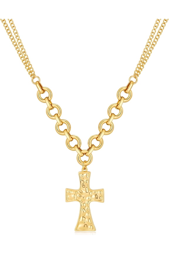 Gold Plated Cross Necklace for Men Women Hammered Texture Timeless Statement Jewelry