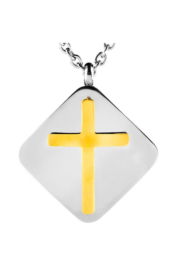 Women's Cross Domed Diamond-Shape Two Tone Necklace - 16"