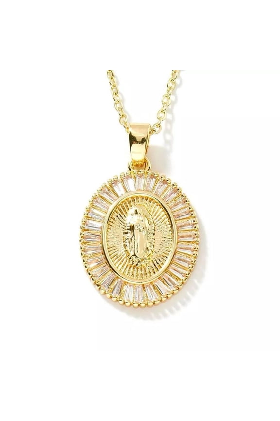 Gold Plated Cs Zirconia Guadalupe Virgin Mary Necklace Pendant Multicolor N32