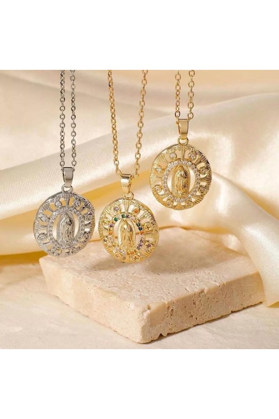 Gold Plated Cs Zirconia Guadalupe Virgin Mary Necklace Pendant Multicolor N33