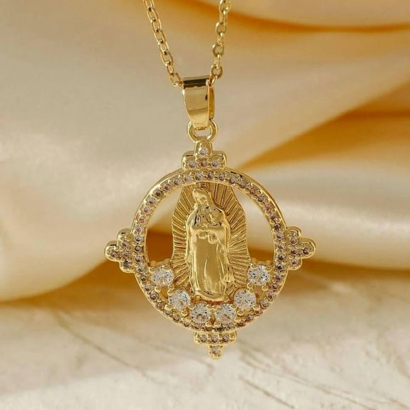 Gold Plated Cs Zirconia Guadalupe Virgin Mary Necklace Pendant Multicolor N35