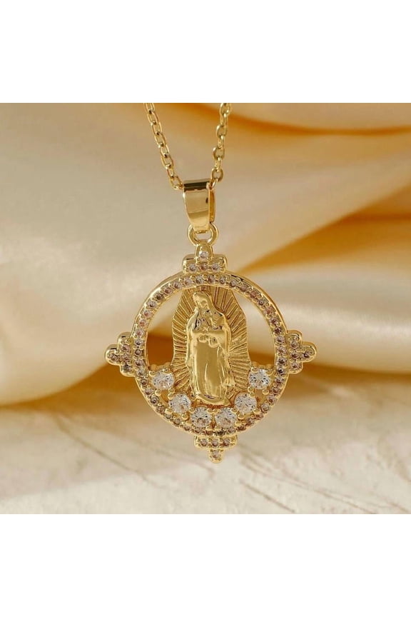 Gold Plated Cs Zirconia Guadalupe Virgin Mary Necklace Pendant Multicolor N35