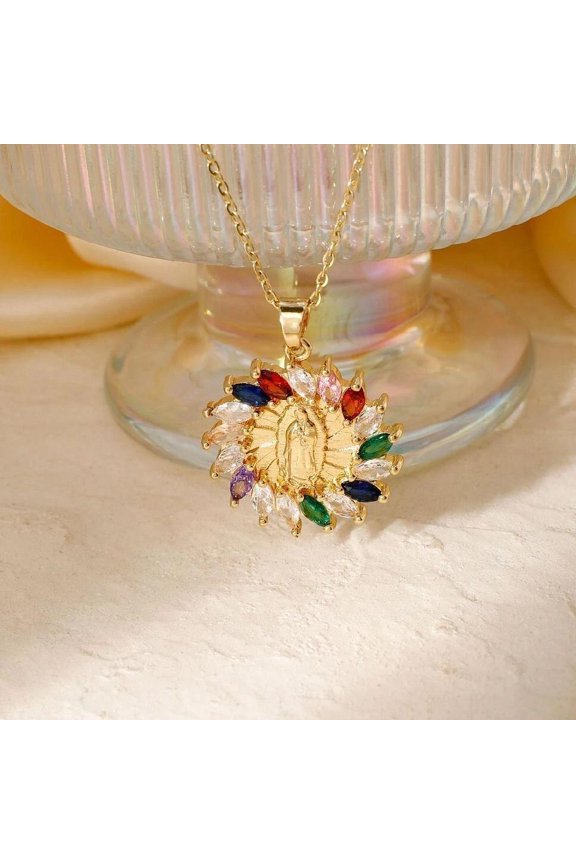 Gold Plated Cs Zirconia Guadalupe Virgin Mary Necklace Pendant Multicolor N38