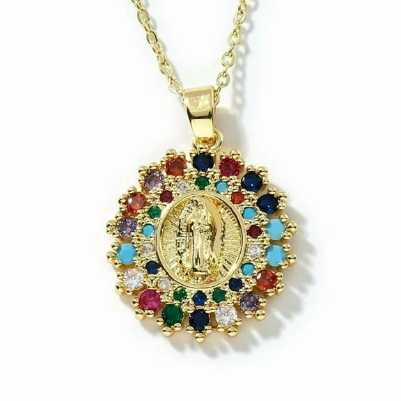 Gold Plated Cs Zirconia Guadalupe Virgin Mary Necklace Pendant Multicolor N39