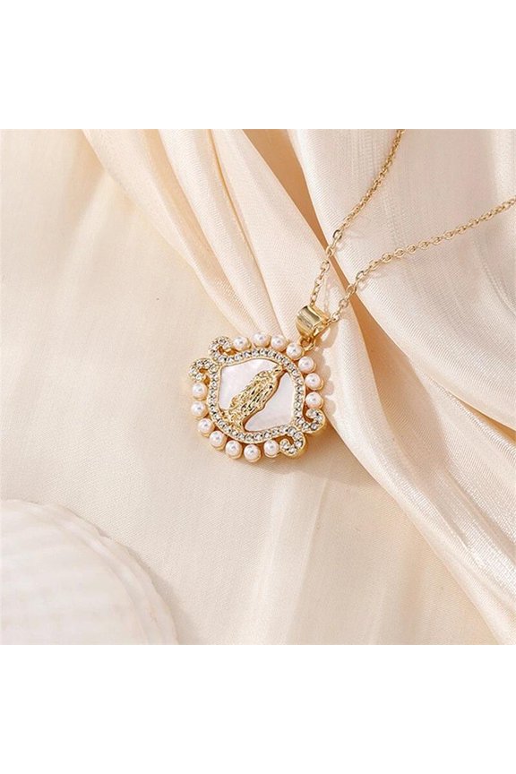 Gold Plated Cs Zirconia Pearl Guadalupe Virgin Mary Necklace Pendant N54