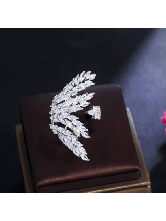 Gold Plated Cubic Zircon Big Adjustable Open Leaf Finger Ring Jewelry Accessory