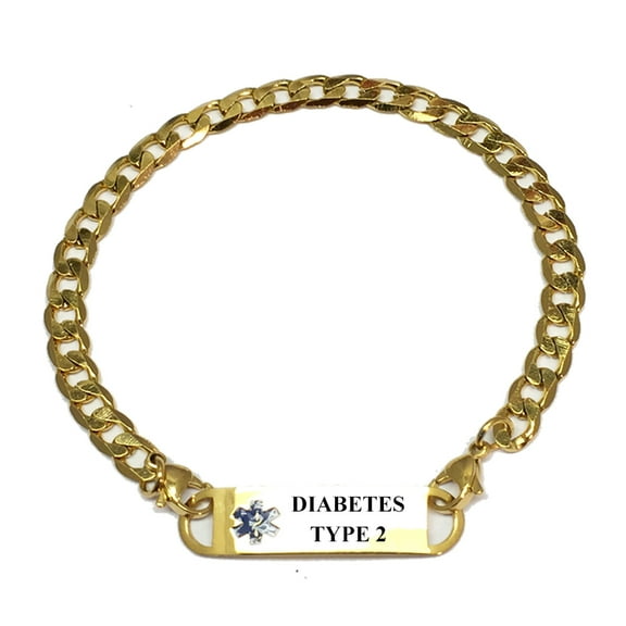 Gold Plated Curb Link "Diabetes Type 2" Medical Alert ID Bracelets For Women