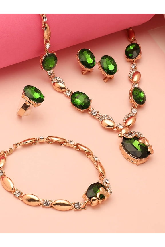 Gold Plated Designer Stone Necklace, Earring, Ring And Bracelet Set
