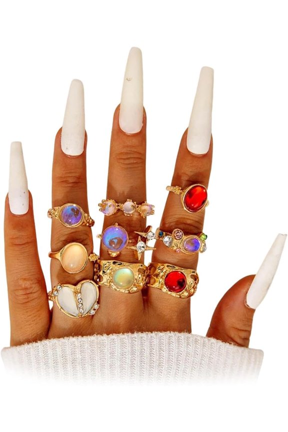 Gold Plated Dome Colorful Crystal Rings Set for Women,Open Adjustable Heart Resin Rhinestone Knuckle Finger Ring,Punk Party Jewelry Accessories Gifts
