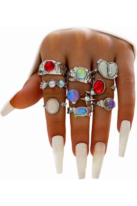 Gold Plated Dome Colorful Crystal Rings Set for Women,Open Adjustable Heart Resin Rhinestone Knuckle Finger Ring,Punk Party Jewelry Accessories Gifts
